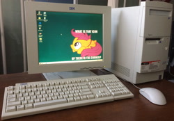 Size: 3030x2105 | Tagged: safe, scootaloo, pegasus, breaking the fourth wall, computer, computer mouse, desktop, huddle, ibm, ibm pc, irl, keyboard, monitor, photo, text, windows, windows 98, wings