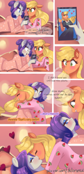 Size: 1500x3096 | Tagged: safe, artist:xjenn9, derpibooru import, applejack, rarity, anthro, earth pony, unicorn, comic:best friends, adorasexy, blushing, cellphone, clothes, cute, daaaaaaaaaaaw, dialogue, female, hair bun, jackabetes, kissing, lesbian, missing horn, phone, phone screen, raribetes, rarijack, sexy, shipping, smartphone