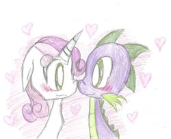 Size: 992x806 | Tagged: safe, artist:eeveelutionlova, spike, sweetie belle, dragon, pony, unicorn, blushing, boop, cute, daaaaaaaaaaaw, female, heart, looking at each other, male, noseboop, shipping, spikebelle, straight, traditional art