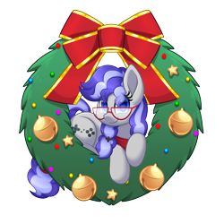Size: 5000x5000 | Tagged: safe, artist:scarlet-spectrum, oc, oc only, oc:cinnabyte, earth pony, pony, adorkable, bandana, christmas, commission, cute, dork, earth pony oc, glasses, holiday, simple background, solo, transparent background, wreath, your character here
