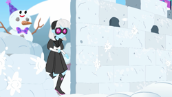 Size: 1280x720 | Tagged: safe, screencap, photo finish, better together, equestria girls, holidays unwrapped, boots, clothes, female, glasses, hat, high heel boots, plusplus, shoes, skirt, snow, snow fort, snowball, snowball fight, snowman, sunglasses, winter outfit