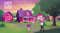 Size: 2560x1396 | Tagged: safe, edit, edited screencap, screencap, pinkie pie, equestria girls, apple, applejack's house, barn, boots, bush, chimney, clothes, cursed image, door, driveway, every day we stray further from god's light, female, food, garage, god is dead, human legs, mailbox, mutant, not salmon, shoes, sky, street, swimsuit, this is why aliens won't talk to us, tree, tv rating, tv-y7, wat, why, window