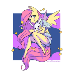 Size: 3240x3240 | Tagged: safe, artist:evevolkhnovskaya, angel bunny, fluttershy, anthro, pegasus, unguligrade anthro, abstract background, clothes, colored hooves, cute, female, midriff, schrödinger's pantsu, short shirt, shorts, shyabetes, solo, stars, ych result