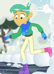 Size: 423x579 | Tagged: safe, screencap, snails, better together, equestria girls, holidays unwrapped, boots, clothes, cropped, freckles, gloves, pink socks, scarf, shoes, snow, snowball fight, solo, winter boots, winter outfit