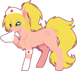 Size: 1556x1438 | Tagged: safe, artist:tenebristayga, oc, oc only, earth pony, pony, armband, chest fluff, clothes, fluffy, nurse, ponytail, socks, solo