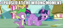 Size: 490x220 | Tagged: safe, edit, edited screencap, screencap, spike, twilight sparkle, twilight sparkle (alicorn), alicorn, dragon, pony, castle sweet castle, bedroom eyes, caption, discovery family logo, female, mare, meme, out of context