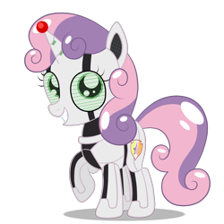 Size: 3000x3000 | Tagged: safe, artist:squipycheetah, sweetie belle, sweetie bot, pony, robot, robot pony, unicorn, friendship is witchcraft, alternate cutie mark, cute, cutie mark, diasweetes, female, filly, happy, looking at you, raised hoof, simple background, smiling, solo, the cmc's cutie marks, transparent background, unicorn protective device