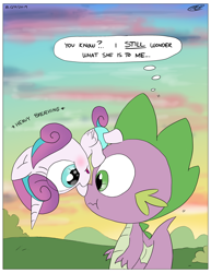 Size: 2550x3300 | Tagged: safe, artist:loreto-arts, princess flurry heart, spike, alicorn, dragon, pony, baby, baby pony, boop, curious, cute, diaper, female, filly, flurrybetes, foal, noseboop, thought bubble, uncle and niece, uncle spike, winged spike