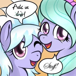 Size: 500x500 | Tagged: safe, artist:marikaefer, cloudchaser, flitter, pony, ask, ask flitter and cloudchaser, bust, censored vulgarity, dialogue, duo, female, gradient background, looking at you, mare, one eye closed, open mouth, sisters, smiling, speech bubble, talking to viewer, tumblr, vulgar