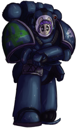 Size: 648x1072 | Tagged: safe, artist:t72b, derpibooru exclusive, oc, human, pony, adeptus astartes, alpha legion, armor, background pony, disguise, female, human male, kneeling, male, mare, mask, paper thin disguise, power armor, solo, space marine, warhammer (game), warhammer 30k, warhammer 40k