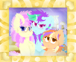 Size: 1228x1000 | Tagged: safe, artist:vanillaswirl6, oc, oc only, oc:pleasant plume, oc:scented candle, oc:vanilla swirl, pony, female, fluffy, glasses, hair accessory, photo frame, siblings, sisters, younger