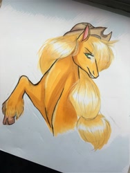 Size: 960x1280 | Tagged: safe, artist:moowowsticks, derpibooru import, applejack, earth pony, pony, cloven hooves, cowboy hat, female, hat, hoers, mare, marker drawing, photo, simple background, solo, traditional art, unshorn fetlocks, white background