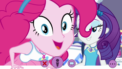 Size: 1920x1080 | Tagged: safe, screencap, pinkie pie, rarity, better together, do it for the ponygram!, equestria girls, eyeshadow, lidded eyes, looking at you, makeup, open mouth, smiling