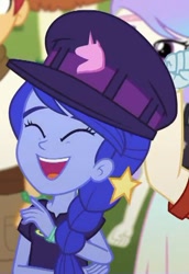 Size: 510x743 | Tagged: safe, screencap, hunter hedge, snow flower, space camp (character), sweet leaf, accountibilibuddies, better together, choose your own ending, equestria girls, cheering, cropped, female, fry lilac, hat, male, offscreen character