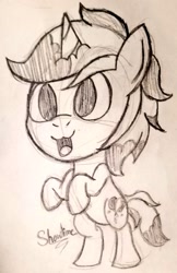 Size: 663x1024 | Tagged: safe, artist:captshowtime, oc, oc only, pony, unicorn, art giveaway, black and white, chibi, cute, giveaway, grayscale, monochrome, pencil, ponysona, sketch, solo, traditional art