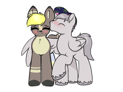 Size: 4000x3000 | Tagged: safe, artist:itsmeelement, artist:selenophile, derpibooru exclusive, oc, oc only, oc:canvas, oc:seleno, 2020 community collab, blushing, clothes, derpibooru community collaboration, hat, hug, kissing, kissing cheek, pale belly, raised hoof, simple background, socks, transparent background, winghug