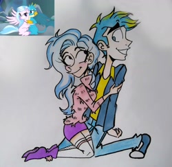 Size: 3118x3029 | Tagged: safe, artist:citi, screencap, gallus, silverstream, human, what lies beneath, converse, cute, diastreamies, duo, female, gallabetes, hug, humanized, male, scene interpretation, screencap reference, shoes, simple background, teenager, traditional art, white background