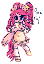 Size: 1500x2200 | Tagged: safe, artist:kronilix, pinkie pie, anthro, unguligrade anthro, alternate hairstyle, apron, bell, breasts, cleavage, clothes, cute, diapinkes, dress, drill hair, female, gloves, open mouth, pigtails, simple background, socks, solo, white background