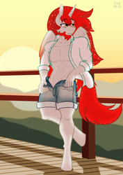 Size: 2480x3508 | Tagged: safe, artist:tatemil, oc, oc only, oc:red quasar, anthro, unguligrade anthro, abs, clothes, male, shirt, shorts, solo