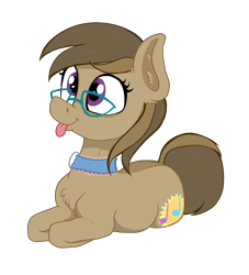 Size: 2223x2443 | Tagged: safe, artist:paskanaakka, part of a set, oc, oc only, oc:dawnsong, earth pony, pony, accessories, chest fluff, choker, commission, digital art, female, glasses, happy, lying down, mare, silly, simple background, smiling, solo, tongue out, transparent background