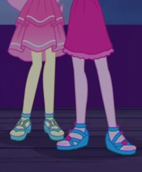 Size: 607x738 | Tagged: safe, screencap, fluttershy, pinkie pie, better together, equestria girls, spring breakdown, cropped, duo, feet, legs, pictures of legs, sandals