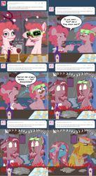 Size: 1002x1832 | Tagged: safe, artist:pippy, artist:telemiscommunications, bubble berry, carrot cake, cup cake, pinkie pie, pony, bubbleberry answers, comic, drunk, drunkie pie, oven, pinkiepieskitchen, rule 63, self ponidox, sprinkler, wet mane