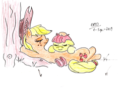 Size: 2472x1744 | Tagged: safe, artist:gafelpoez, derpibooru import, apple bloom, applejack, earth pony, pony, duo, duo female, female, filly, mare, nap, on back, outdoors, pony pillow, queen, siblings, sisters, sleeping, smiling, traditional art, tree, under the tree