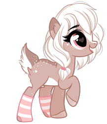 Size: 1594x1833 | Tagged: safe, artist:emberslament, oc, oc only, oc:cinnamon cream, deer, deer pony, original species, 2020 community collab, blaze (coat marking), clothes, cute, derpibooru community collaboration, eye clipping through hair, female, freckles, happy, heart eyes, open mouth, simple background, socks, solo, striped socks, transparent background, wingding eyes
