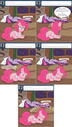 Size: 1002x1772 | Tagged: safe, artist:pippy, pinkie pie, twilight sparkle, earth pony, pony, apron, clothes, comic, pinkiepieskitchen, prone, sleeping, snoring