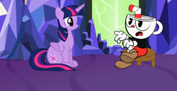 Size: 2573x1329 | Tagged: safe, artist:perplexedpegasus, artist:slb94, artist:user15432, twilight sparkle, twilight sparkle (alicorn), alicorn, pony, castle, chair, crossover, cuphead, cuphead (character), ponyville, studio mdhr, talking, twilight's castle