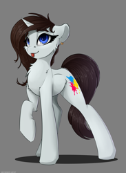 Size: 2200x3000 | Tagged: safe, artist:skitsroom, oc, oc only, oc:leesys, pony, :p, cute, cutie mark, female, gray background, long legs, mare, raised hoof, simple background, solo, tongue out