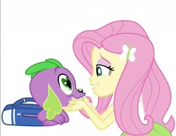 Size: 1531x1182 | Tagged: safe, fluttershy, spike, dog, human, equestria girls, backpack, backpack spike, female, flutterspike, heart eyes, male, shipping, simple background, spike gets all the equestria girls, spike the dog, straight, white background, wingding eyes