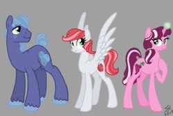 Size: 1024x692 | Tagged: safe, artist:psponyartist, oc, oc:berry blue, oc:garden glory, oc:ruby red, earth pony, pegasus, pony, unicorn, female, freckles, glowing horn, gray background, horn, kilalaverse, male, mare, next next generation, offspring, offspring's offspring, parent:oc:red june, parent:oc:valiant heart, parents:oc x oc, siblings, simple background, stallion, unshorn fetlocks