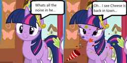 Size: 1005x499 | Tagged: safe, edit, edited screencap, screencap, spike, twilight sparkle, unicorn twilight, dragon, pony, unicorn, magical mystery cure, big crown thingy, cropped, element of magic, fluttershy's cottage, implied cheese sandwich, jewelry, party popper, regalia, solo focus, speech bubble, time paradox