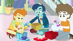 Size: 1278x720 | Tagged: safe, screencap, gallop j. fry, henry handle, manestrum, super funk, better together, equestria girls, holidays unwrapped, background human, canterlot mall, clothes, crossed legs, legs, male, pants, plusplus, present, shorts, toy