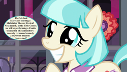 Size: 1280x720 | Tagged: safe, edit, edited screencap, screencap, coco pommel, pony, made in manehattan, bow, bronybait, cocobetes, cute, hair bow, menander, speech, speech bubble, the grouch (play)