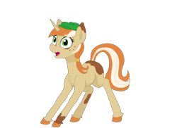 Size: 7014x5100 | Tagged: safe, artist:paskanaakka, part of a set, oc, oc only, oc:paige turner, pony, unicorn, coat markings, commission, digital art, excited, female, flat cap, freckles, happy, hat, horn, mare, missing cutie mark, newsboy hat, open mouth, ponytail, simple background, smiling, solo, splotches, standing, transparent background
