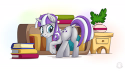 Size: 1920x1080 | Tagged: safe, artist:mysticalpha, twilight velvet, pony, unicorn, book, bookshelf, butt, cute, cutie mark, dock, female, looking back, mare, plot, raised hoof, smiling, solo, underhoof, velvetbetes