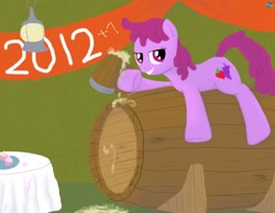 Size: 900x700 | Tagged: safe, artist:quint-t-w, berry punch, berryshine, earth pony, pony, banner, barrel, cider, cider mug, cupcake, firefly lamp, food, lamp, looking at you, lying down, mug, old art, solo