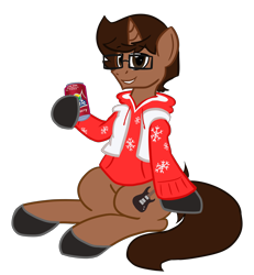 Size: 3023x3266 | Tagged: safe, artist:nerdymexicanunicorn, oc, oc only, oc:nerdy, unicorn, 2020 community collab, clothes, cutie mark, derpibooru community collaboration, hoodie, male, simple background, sitting, smiling, soda can, solo, sprite cranberry, transparent background