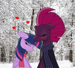 Size: 4330x3900 | Tagged: safe, artist:ejlightning007arts, tempest shadow, twilight sparkle, twilight sparkle (alicorn), alicorn, pony, unicorn, blushing, broken horn, clothes, cute, eyes closed, female, horn, kiss on the head, kissing, lesbian, scarf, shipping, snow, tempestlight, tree, winter