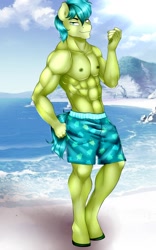 Size: 800x1280 | Tagged: safe, artist:littlebird, sandbar, anthro, unguligrade anthro, beach, canon, clothes, commission, handsome, male, muscles, partial nudity, ripped, stupid sexy sandbar, topless