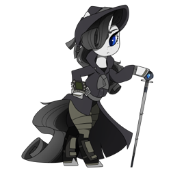 Size: 437x437 | Tagged: safe, artist:crimmharmony, oc, oc:shadow spade, pony, unicorn, fallout equestria, fallout equestria: kingpin, armor, armored legs, beauty mark, bipedal, black eyeshadow, blank, blank of rarity, blue eyes, clothes, commissioner:genki, fedora, female, hat, justice mare, lawbringer, mare, noir, not rarity, pipboy, pipbuck, shoes, solo, swordstick, trenchcoat, unicorn oc