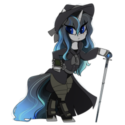 Size: 437x437 | Tagged: safe, artist:crimmharmony, oc, oc:frontier justice, oc:shadow spade, pony, unicorn, fallout equestria, fallout equestria: kingpin, armor, armored legs, beauty mark, bipedal, black eyeshadow, blank, blank of rarity, blue eyes, clothes, commissioner:genki, detective, fedora, female, hat, justice mare, lawbringer, mane highlights, mare, messy mane, mutation, noir, pipboy, pipbuck, scar, shoes, solo, split-personality merge, swordstick, trenchcoat, unicorn oc, wet mane