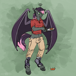 Size: 1500x1500 | Tagged: safe, artist:keetah-spacecat, oc, oc only, oc:quill, anthro, bat pony, human, abstract background, bat wings, clothes, food, green background, human to anthro, polo shirt, self insert, simple background, sushi, transformation, transgender transformation, white background, wings