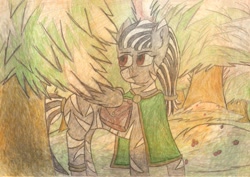 Size: 2315x1639 | Tagged: safe, artist:infinita est lux solis, oc, oc:kujivunia, zebra, commission, enhanced traditional art, forest, pegazebra, sunset, zebrasus