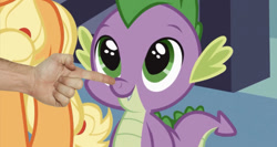 Size: 633x336 | Tagged: safe, derpibooru import, edit, edited screencap, editor:undeadponysoldier, screencap, applejack, spike, dragon, earth pony, human, pony, spike at your service, adorable face, boop, cute, female, hand, happy, irl, irl human, male, mare, noseboop, photo, spikabetes, spikelove