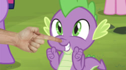 Size: 582x326 | Tagged: safe, edit, edited screencap, editor:undeadponysoldier, screencap, spike, human, equestria games (episode), boop, cute, followup, hand, happy, irl, irl human, noseboop, photo, spikabetes, spikelove