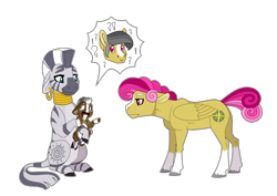 Size: 3508x2480 | Tagged: safe, artist:jackiebloom, daring do, zecora, oc, oc:kinyume, hybrid, pegasus, pony, zebra, zony, alternate hair color, daringcora, dyed mane, female, filly, interspecies, interspecies offspring, lesbian, magical lesbian spawn, mare, offspring, parent:daring do, parent:zecora, parents:daringcora, pink mane, quadrupedal, shipping, simple background, story included, transparent background