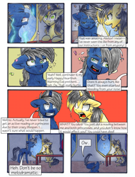 Size: 1950x2550 | Tagged: safe, artist:tillie-tmb, oc, oc only, oc:alistor, oc:tempest, pony, unicorn, comic:the amulet of shades, blood, female, hemorrhage, male, mare, nosebleed, stallion